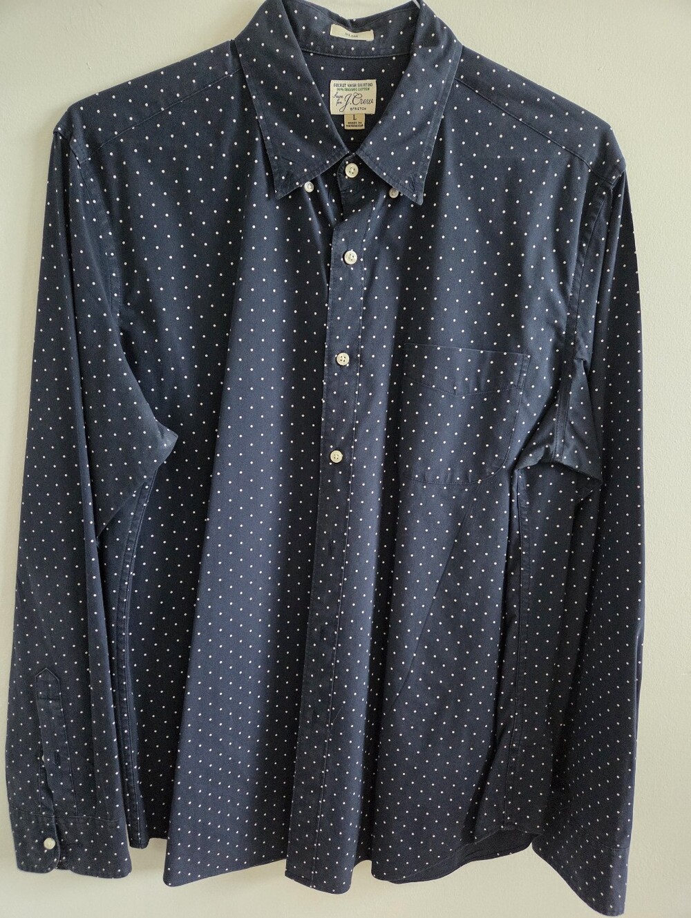 J. Crew Navy Button-Down Shirt with White Microdots Sz. Large Slim Fit